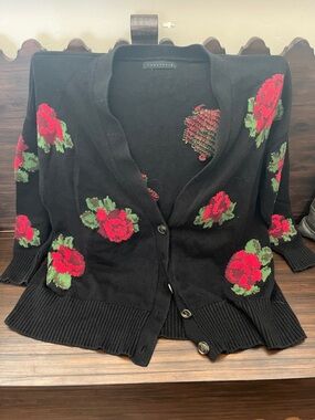 Sanctuary Black Floral Button-Front Women's Sweater Cardigan